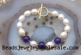 CFB988 Hand-knotted 9mm - 10mm rice white freshwater pearl & candy jade bracelet