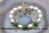 CFB994 Hand-knotted 9mm - 10mm rice white freshwater pearl & candy jade bracelet