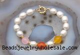 CFB996 Hand-knotted 9mm - 10mm rice white freshwater pearl & colorful candy jade bracelet