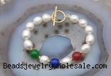 CFB998 Hand-knotted 9mm - 10mm rice white freshwater pearl & colorful candy jade bracelet