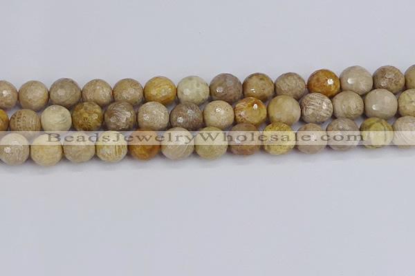 CFC232 15.5 inches 12mm faceted round fossil coral beads