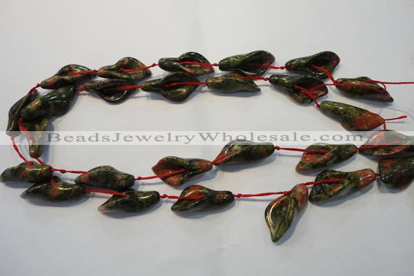 CFG565 15.5 inches 14*28mm carved trumpet flower unakite beads