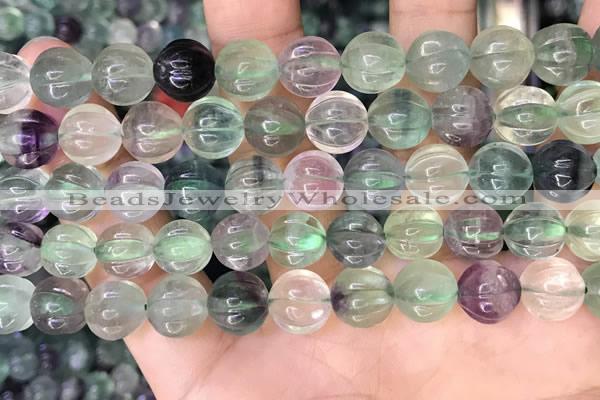 CLF1168 15.5 inches 10mm carved round fluorite gemstone beads