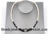 CFN127 potato white freshwater pearl & black banded agate necklace, 16 - 24 inches