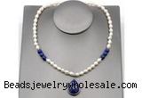 CFN154 baroque white freshwater pearl & lapis lazuli necklace with pendant