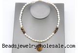 CFN158 baroque white freshwater pearl & yellow tiger eye necklace with pendant