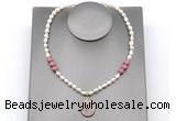 CFN163 baroque white freshwater pearl & pink wooden jasper necklace with pendant