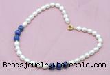 CFN305 Rice white freshwater pearl & lapis lazuli necklace, 16 - 24 inches