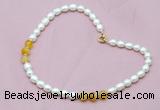 CFN307 Rice white freshwater pearl & yellow banded agate necklace, 16 - 24 inches