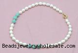 CFN314 9 - 10mm rice white freshwater pearl & amazonite necklace wholesale