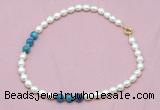 CFN315 9 - 10mm rice white freshwater pearl & apatite necklace wholesale