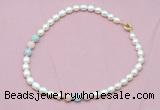 CFN318 9 - 10mm rice white freshwater pearl & morganite necklace wholesale