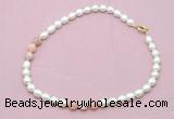 CFN324 9 - 10mm rice white freshwater pearl & pink opal necklace wholesale