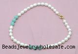 CFN325 9 - 10mm rice white freshwater pearl & amazonite necklace wholesale