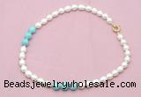 CFN326 9 - 10mm rice white freshwater pearl & blue howlite necklace wholesale