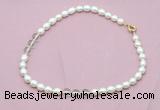 CFN331 9 - 10mm rice white freshwater pearl & white crystal necklace wholesale