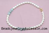 CFN335 9 - 10mm rice white freshwater pearl & aquamarine necklace wholesale