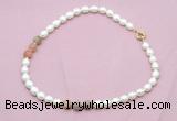 CFN337 9 - 10mm rice white freshwater pearl & rainbow moonstone necklace wholesale