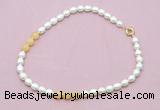 CFN342 9 - 10mm rice white freshwater pearl & honey jade necklace wholesale