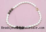 CFN346 9 - 10mm rice white freshwater pearl & bronzite necklace wholesale