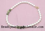 CFN348 9 - 10mm rice white freshwater pearl & China jade necklace wholesale