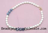 CFN350 9 - 10mm rice white freshwater pearl & blue spot stone necklace wholesale