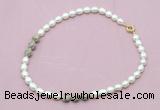 CFN352 9 - 10mm rice white freshwater pearl & feldspar necklace wholesale