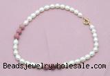 CFN353 9 - 10mm rice white freshwater pearl & pink wooden jasper necklace wholesale