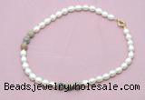 CFN357 9 - 10mm rice white freshwater pearl & serpentine jasper necklace wholesale