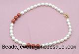 CFN361 9 - 10mm rice white freshwater pearl & red jasper necklace wholesale