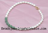 CFN402 9-10mm rice white freshwater pearl & green aventurine necklace