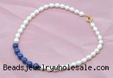 CFN403 9-10mm rice white freshwater pearl & lapis lazuli necklace