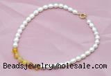 CFN405 9-10mm rice white freshwater pearl & yellow banded agate necklace