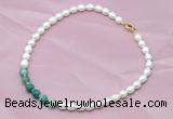 CFN407 9-10mm rice white freshwater pearl & green banded agate necklace