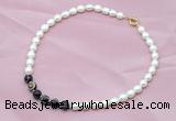 CFN408 9-10mm rice white freshwater pearl & black banded agate necklace