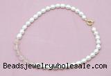 CFN414 9 - 10mm rice white freshwater pearl & rose quartz necklace