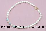 CFN415 9 - 10mm rice white freshwater pearl & morganite necklace