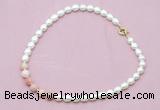 CFN417 9 - 10mm rice white freshwater pearl & pink opal necklace