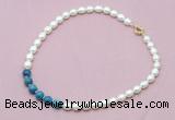 CFN419 9 - 10mm rice white freshwater pearl & apatite necklace