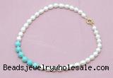 CFN422 9 - 10mm rice white freshwater pearl & blue howlite necklace wholesale