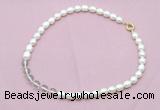 CFN431 9 - 10mm rice white freshwater pearl & white crystal necklace