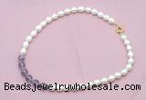 CFN432 9 - 10mm rice white freshwater pearl & amethyst gemstone necklace