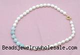 CFN435 9 - 10mm rice white freshwater pearl & aquamarine gemstone necklace