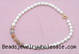 CFN437 9 - 10mm rice white freshwater pearl & rainbow moonstone necklace