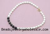 CFN438 9 - 10mm rice white freshwater pearl & golden obsidian necklace