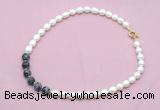 CFN439 9 - 10mm rice white freshwater pearl & snowflake obsidian necklace