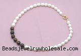 CFN446 9 - 10mm rice white freshwater pearl & bronzite gemstone necklace