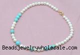 CFN519 9mm - 10mm potato white freshwater pearl & blue howlite necklace