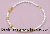 CFN522 9mm - 10mm potato white freshwater pearl & yellow banded agate necklace