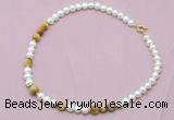 CFN526 9mm - 10mm potato white freshwater pearl & golden tiger eye necklace